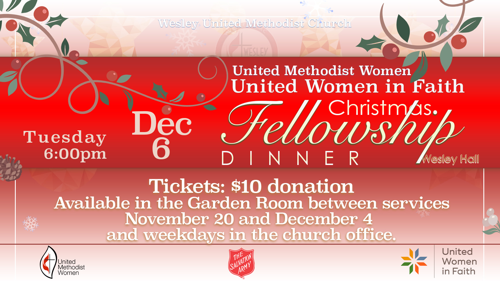 UMW Christmas Fellowship Dinner @ Wesley United Methodist Church Bloomington; Wesley Hall